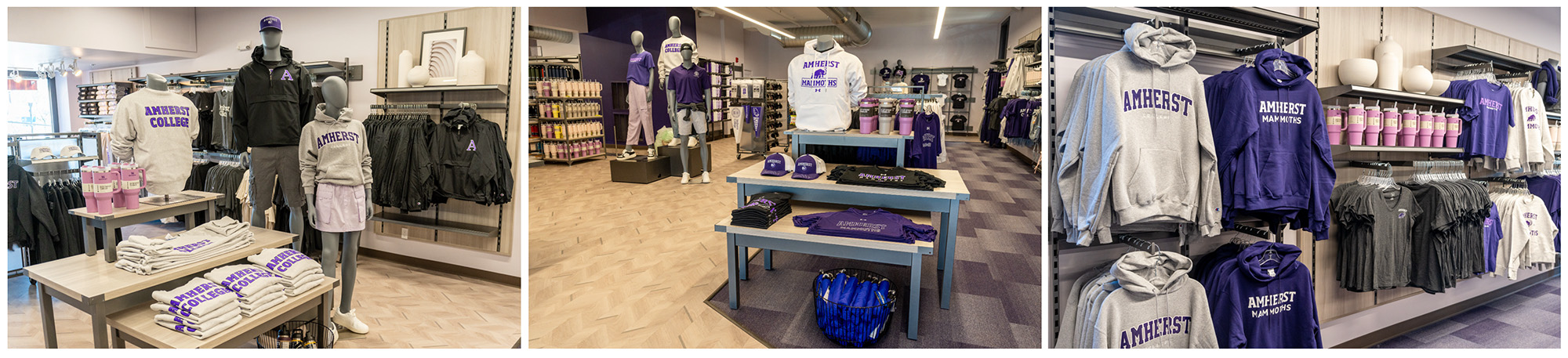 Three views of a retail store showing СCollege merchandise