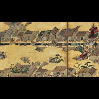 Image of a sixteenth-century Japanese folding screen. It depicts a view from above of buildings and people in a Japanese village.